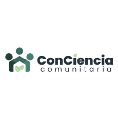 Logotipo con figuras estilizadas que representan personas formando una casa, acompañado del texto “ConCiencia comunitaria” con detalles de hojas verdes en las letras.
