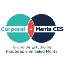 Logotipo con dos círculos superpuestos, uno turquesa y otro azul oscuro, con el texto “Corporal - Mente CES” en el centro. Debajo se lee: “Grupo de Estudio de Fisioterapia en Salud Mental”.