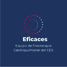 Logotipo sobre fondo azul con un círculo formado por puntos en tonos rojos y morados. Debajo aparece el texto: “Eficaces” y, en una línea inferior, “Equipo de Fisioterapia Cardiopulmonar del CES”.
