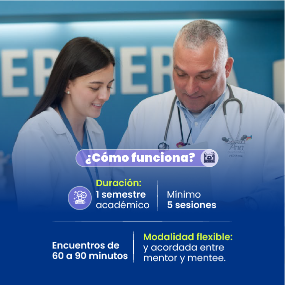 Dos personas con batas médicas revisan un documento, junto a texto informativo sobre un programa académico en una pieza gráfica institucional.