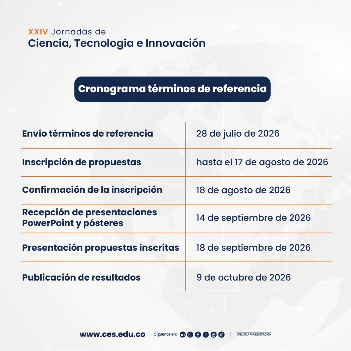 Banner informativo de las XXIV Jornadas de Ciencia, Tecnología e Innovación de la Universidad CES que presenta el cronograma de términos de referencia para la participación en el evento. Sobre un fondo gris con un mapa mundial estilizado, se muestran las fechas clave.