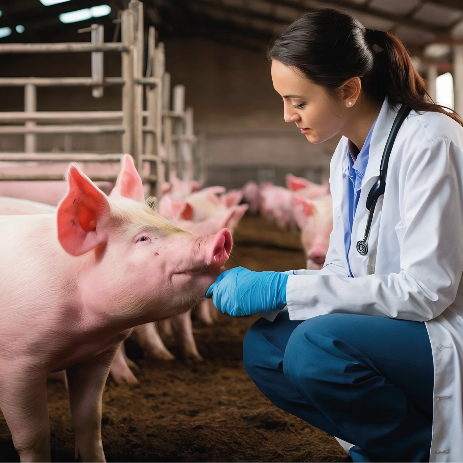 Profesional con indumentaria clínica examina un cerdo en una instalación pecuaria, mientras otros animales se observan al fondo en un entorno de producción animal.