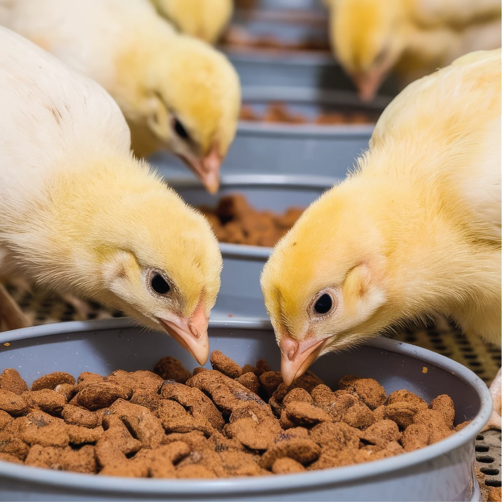 Grupo de pollitos consume alimento balanceado de recipientes metálicos en una instalación avícola, mostrando una actividad relacionada con la nutrición y producción animal.