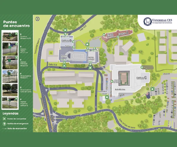 Mapa ilustrado del campus de la Universidad CES con áreas verdes, edificios señalados y rutas marcadas. Incluye leyendas para puntos de encuentro, zonas de evacuación y rutas de evacuación, además de imágenes de referencia en el costado izquierdo. El diseño está sobre un fondo verde y muestra el logotipo institucional en la parte superior derecha.