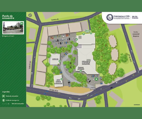 Mapa ilustrado del campus de la Universidad CES sede Sabaneta con edificios señalados, áreas verdes y vías circundantes. Incluye leyendas para puntos de encuentro, rutas de evacuación y zonas de seguridad. El diseño muestra estacionamientos, entradas principales y el logotipo institucional en la parte superior derecha sobre fondo verde.
