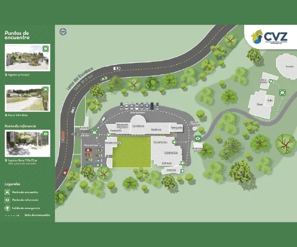 Mapa ilustrado del campus CVZ con edificios señalados, áreas verdes y vías circundantes. Incluye leyendas para puntos de encuentro, rutas de evacuación y zonas de seguridad. En el costado izquierdo hay imágenes de referencia para los puntos de encuentro. El diseño está sobre fondo verde y muestra el logotipo de CVZ en la parte superior derecha.