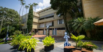 Fachada de un edificio rodeado de árboles y plantas, con una entrada peatonal y cielo despejado.