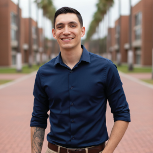 Persona de pie en una calle peatonal con edificios y palmeras alineadas al fondo, usando camisa de manga larga color azul oscuro, cinturón marrón y con tatuaje visible en el antebrazo izquierdo.