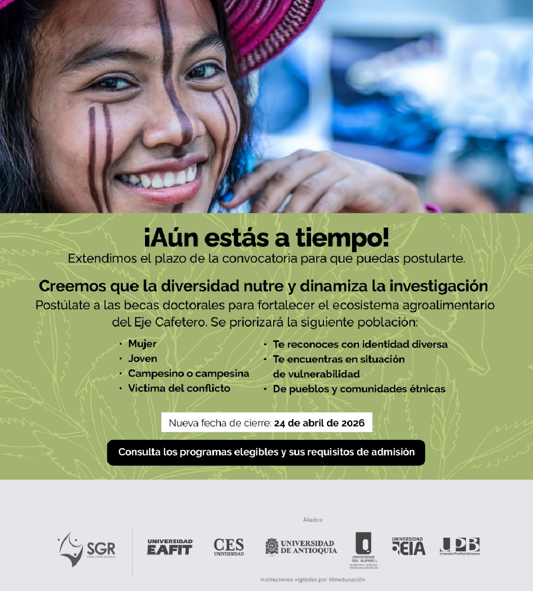 Afiche informativo con la imagen de una persona en primer plano con pintura facial y un sombrero. En la parte inferior aparece texto sobre la ampliación del plazo de una convocatoria de becas doctorales, con fechas, criterios de priorización y logos de instituciones aliadas.