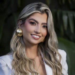 La imagen muestra a una persona en un entorno exterior con fondo de vegetación verde desenfocada. Tiene el cabello largo, ondulado y claro, peinado suelto hacia los hombros. Viste un blazer blanco sobre una prenda clara y utiliza aretes grandes de forma circular y un collar delicado. La iluminación es natural y el encuadre es de primer plano.