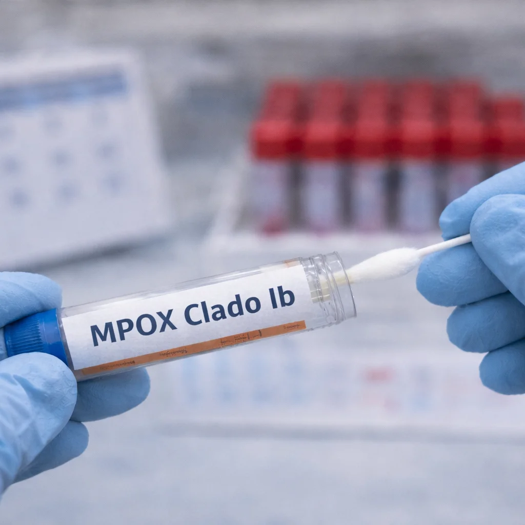 Tubos de ensayo etiquetados “MPOX Clado Ib” sostenidos con guantes de laboratorio, mientras se toma una muestra con un hisopo en un entorno clínico.