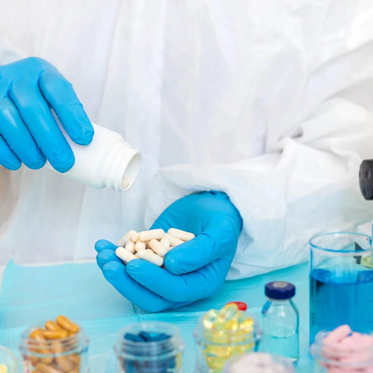 Manos con guantes azules vierten cápsulas blancas desde un frasco hacia la palma de la mano, sobre una mesa con frascos y recipientes de laboratorio, en un entorno controlado de investigación.