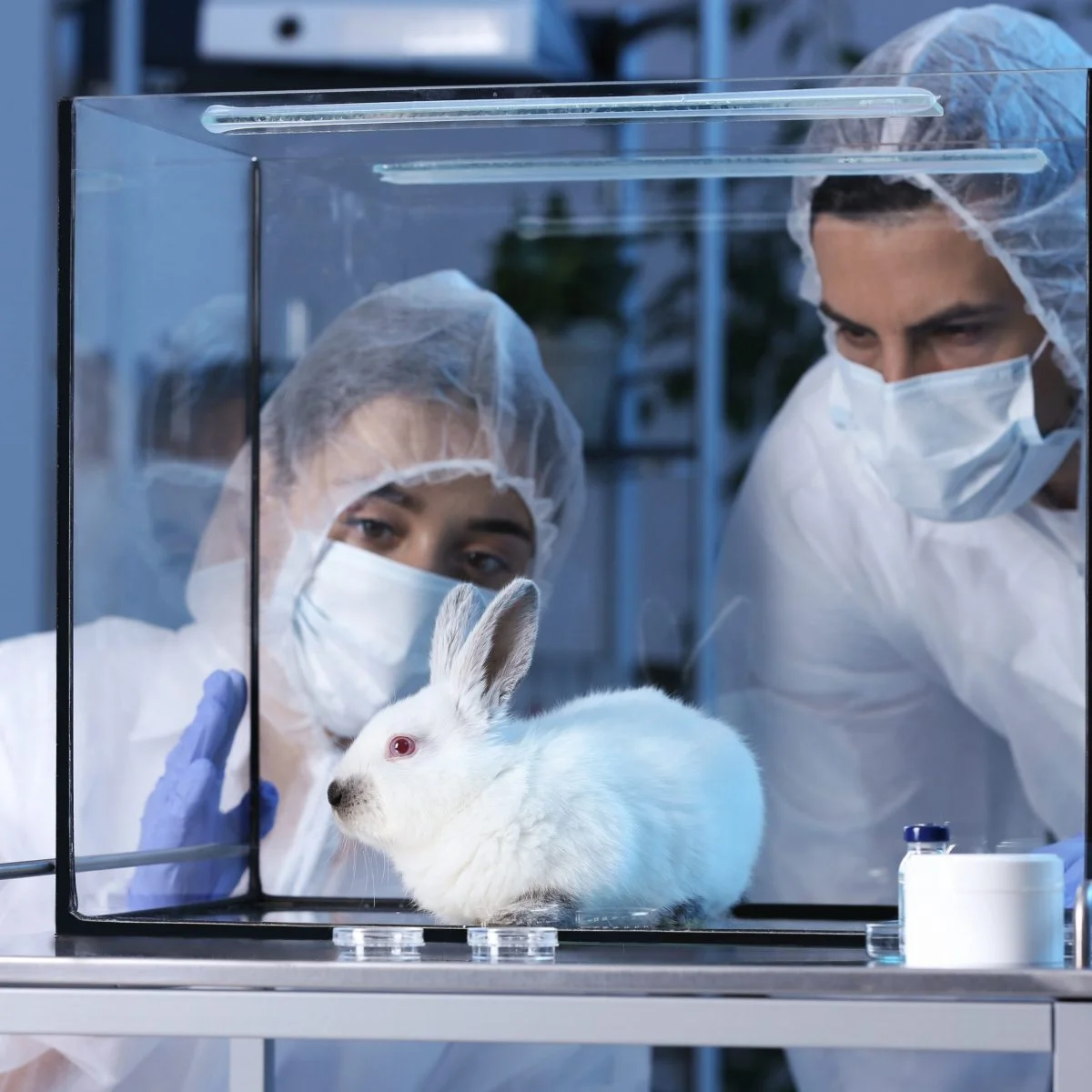 Conejo blanco dentro de una caja de vidrio en un laboratorio, observado por dos personas con vestimenta protectora y mascarillas.