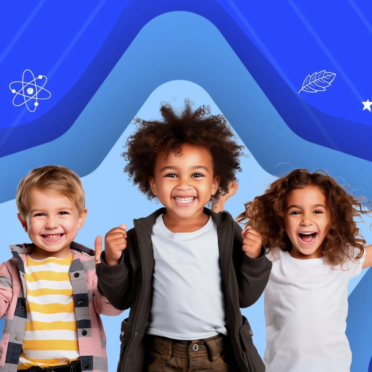 Tres niños posan frente a un fondo azul con ilustraciones de ciencia, levantando los brazos y mostrando gestos de entusiasmo.