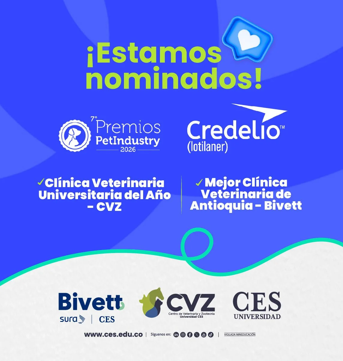 Banner promocional con fondo azul que anuncia la nominación de Credelio (Lotilaner) en los 7.º Premios PetIndustry 2026. Se destacan dos categorías: “Clínica Veterinaria Universitaria del Año – CVZ” y “Mejor Clínica Veterinaria de Antioquia – Bivett”