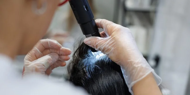 Primer plano de una evaluación del cuero cabelludo. Una persona con guantes utiliza un dispositivo de aumento con luz para examinar el cabello y la piel del cuero cabelludo de otra persona en un entorno clínico.