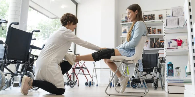 Profesional de la salud ajusta una órtesis de rodilla en una persona sentada dentro sala de ayudas médicas. Alrededor se observan sillas de ruedas, caminadores y otros dispositivos de apoyo para la movilidad.