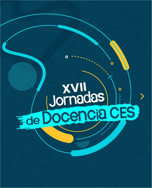 Afiche promocional de las XVII Jornadas de Docencia CES. El diseño presenta formas geométricas y líneas curvas en tonos azul turquesa, amarillo y azul oscuro, con el nombre del evento destacado en el centro sobre un fondo gráfico abstracto.