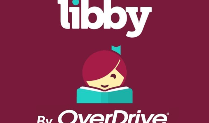 Logotipo de la aplicación Libby, que muestra un personaje leyendo un libro, acompañado del texto “Libby by OverDrive” sobre un fondo color vino.