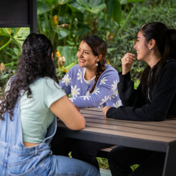 Tres personas conversan sentadas alrededor de una mesa de madera en un espacio al aire libre con vegetación de fondo.