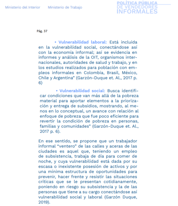 Página de documento con texto sobre vulnerabilidad laboral y social, mencionando economía informal, condiciones de pobreza y propuestas para trabajadores informales, con referencias a estudios en varios países.
