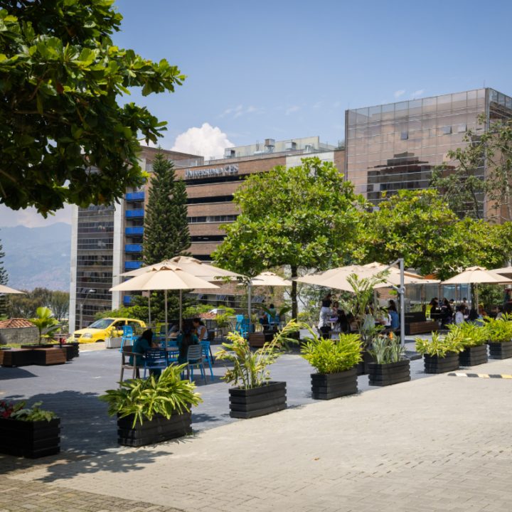 Zona exterior con varias mesas y sombrillas rodeadas de plantas; al fondo se observan edificios altos y árboles bajo un cielo despejado.