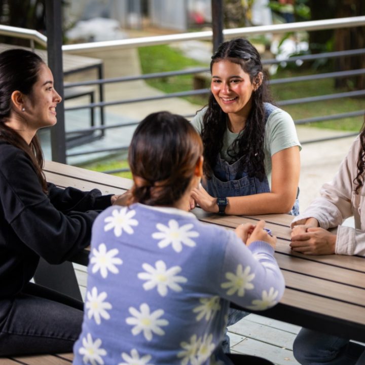 Cuatro personas sentadas alrededor de una mesa de madera en un espacio al aire libre, conversando en un entorno con barandas y vegetación al fondo.