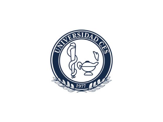Escudo circular de la Universidad CES con una lámpara y el bastón de Esculapio en el centro, rodeado por el texto “Universidad CES” y el año 1977 en la parte inferior.