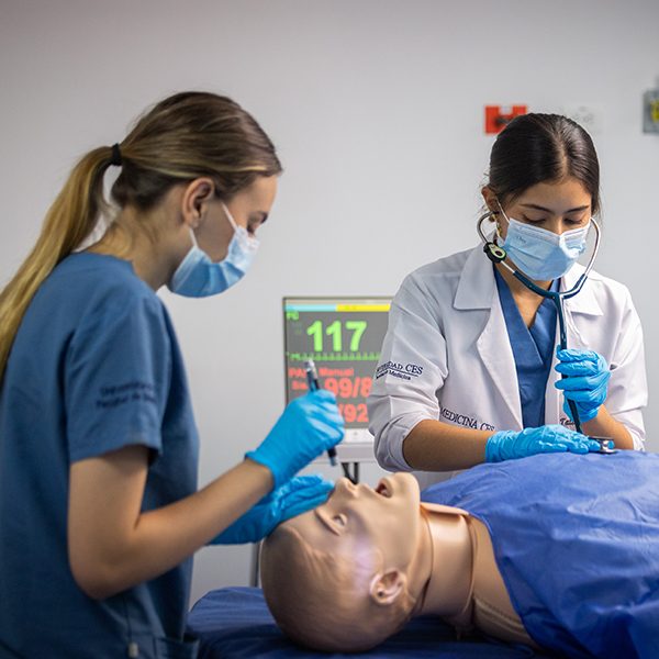 Dos personas con guantes realizando práctica médica sobre un simulador humano en un entorno clínico.