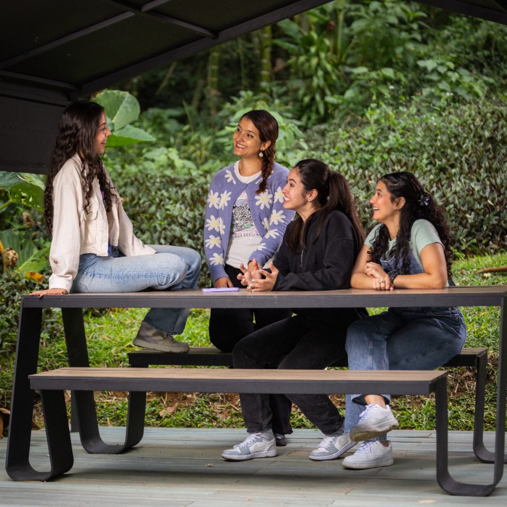 Cuatro personas sentadas y conversando en una mesa de picnic bajo una estructura techada, en un entorno natural con vegetación.