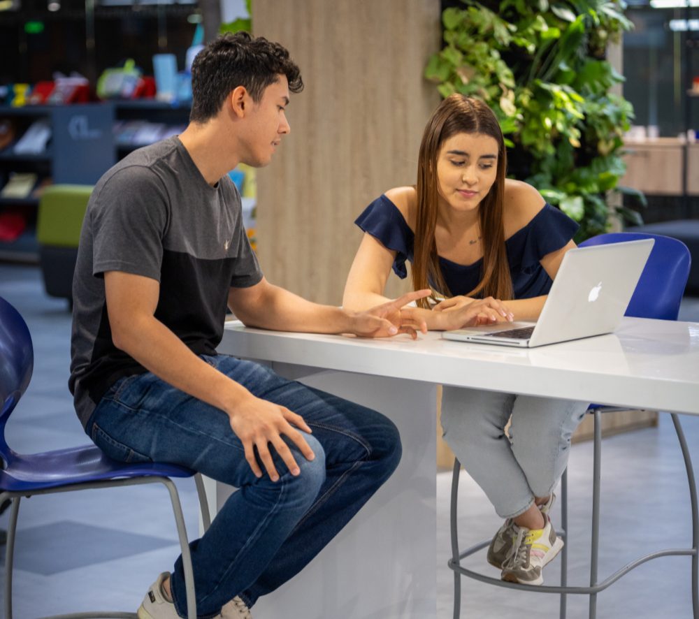 Dos personas sentadas en una mesa alta, trabajando juntas en un computador portátil en un espacio interior con plantas y estanterías al fondo.
