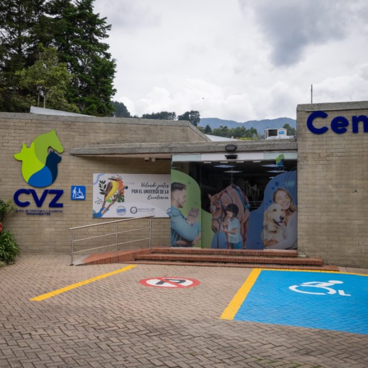 Entrada del Centro Veterinario CES con rampa, señal de parqueo accesible y logotipo CVZ en la fachada, acompañada de imágenes de animales y un cartel informativo.
