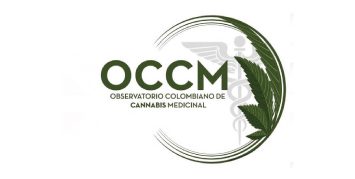 Logotipo del Observatorio Colombiano de Cannabis Medicinal (OCCM), con texto y una hoja de cannabis rodeando un símbolo médico.