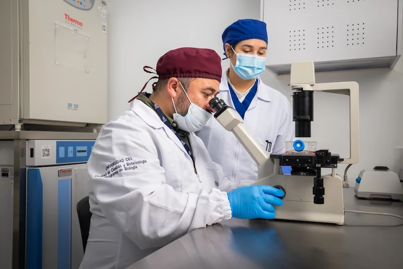 Dos personas con batas blancas y guantes azules trabajan en un laboratorio, utilizando un microscopio sobre una mesa metálica. Al fondo se observan equipos y gabinetes.